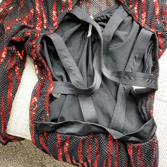 Adult Medium red and black sequin leotard with satin black skirt. - Picture 5 of 5